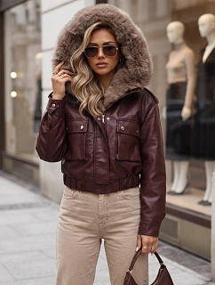 Dámska zimná kožená bunda s kožušinou, bordová, FashionStreet TY5977