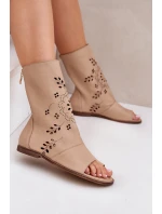 Zazoo 3437 Damskie Skórzane Sandały Z Cholewką Na Zamek Beżowe