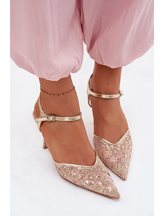 Pánské síťované dámské sandály na jehlovém podpatku se třpytivým zdobením Zlato Laria