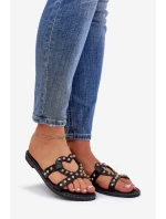 Zdobione Płaskie Klapki Damskie Czarne Adivrae