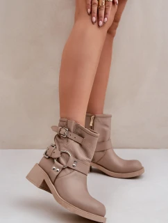 Skórzane Botki Damskie Na Niskim Obcasie Klocku Z Paskami Zazoo 3644 Beżowe
