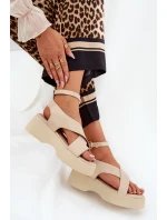 Sandały Damskie Na Platformie I Koturnie Eko Skórzane Beżowe Tenzorus