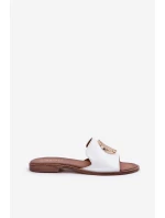 Skórzane Klapki Z Ozdobą Na Płaskim Obcasie Zazoo 3047/O Białe