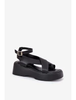 Sandały Damskie Na Platformie I Koturnie Eko Skórzane Czarne Tenzorus