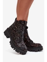 Skórzane Botki Damskie Z Ozdobą Ocieplane Artiker 57C2084 Czarno-Złote
