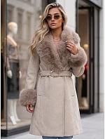 Dámsky kabát s odnímateľným kožušinovým golierom, béžový, FashionStreet TY6068 Dámsky kabát s odnímateľným kožušinovým golierom, béžový, FashionStreet TY6068