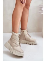 Zazoo 60472 Skórzane Botki Na Platformie I Koturnie Beżowe
