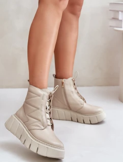 Zazoo 60472 Skórzane Botki Na Platformie I Koturnie Beżowe