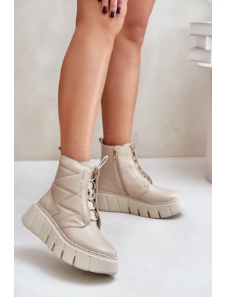 Zazoo 60472 Skórzane Botki Na Platformie I Koturnie Beżowe