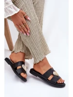 Klapki Damskie Na Płaskim Obcasie Ze Złotą Ozdobą Czarne Karinma