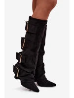 Kozaki Damskie Na Słupku Z Wywiniętą Cholewką I Złotymi Klamrami Eko Zamszowe Czarne Isavelle