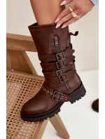 Ocieplane Kozaki Damskie Z Paskami I Klamrami Brązowe Ivaline