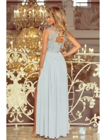 Dlhé dámske šaty v striebornej farbe bez rukávov as vyšívaným výstrihom model 6405966