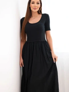 Dámske bavlnené midi šaty s krátkymi rukávmi a rozšírenou spodnou časťou čierne