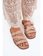 Zdobione Klapki Damskie Na Płaskim Obcasie Z Paskami I Klamrą Beżowe Manitte