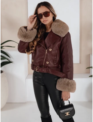 Dámska kožená bunda s kožušinou bordová FashionStreet TY5208 Dámska kožená bunda s kožušinou bordová FashionStreet TY5208