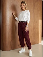 Dámske bavlnené manšestrové nohavice s opaskom, vínové, FashionStreet UY3173