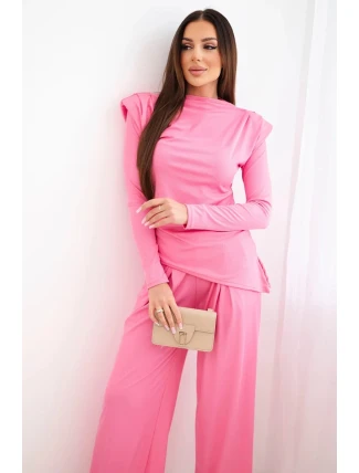 Dámska bavlnená súprava s blúzkou a širokými nohavicami svetloružová