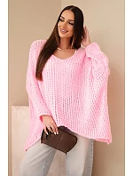 Dámsky priesvitný sveter oversize s výstrihom do V a predĺženou zadnou časťou, cukrovoružová Dámsky priesvitný sveter oversize s výstrihom do V a predĺženou zadnou časťou, cukrovoružová