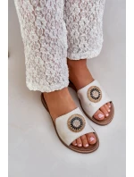 Skórzane Klapki Z Ozdobą Na Płaskim Obcasie Lewski 3047/O Złoty Przecierany