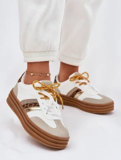 Sneakersy Damskie Na Platformie Z Podwójnym Sznurowaniem Panterka Białe Niteria
