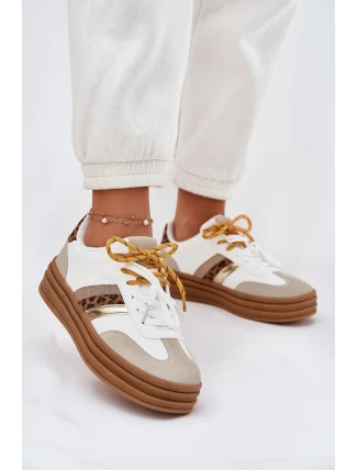 Sneakersy Damskie Na Platformie Z Podwójnym Sznurowaniem Panterka Białe Niteria