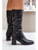 Ocieplnae Kozaki Na Słupku Eko Skórzane Do Połowy Łydki Czarne Ellithira