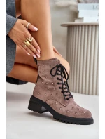 Zdobione Botki Workery Damskie Ocieplane D&A MR880-017 Taupe