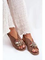 Sandały Damskie Na Płaskim Obcasie Z Ozdobą S.Barski KV27-001 Ciemnobeżowe