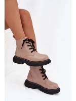 Ocieplane Botki Damskie Na Platformie Sznurowane Ciemnobeżowe Harmine