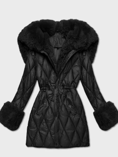 Čierna bunda s kožušinovou kapucňou, ktorá tvorí golier (T3-2635#-1)