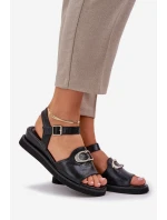 Lakierowane Sandały Damskie Na Koturnie Z Ozdobą Czarne Salianes