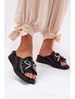 Klapki Damskie Na Koturnie Z Kokardą Czarne Moonzella