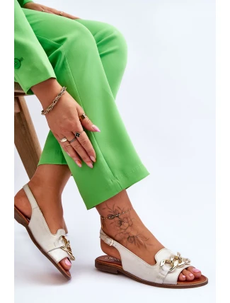 Skórzane Sandały Damskie Lewski Shoes 3230 Beżowo-Złote