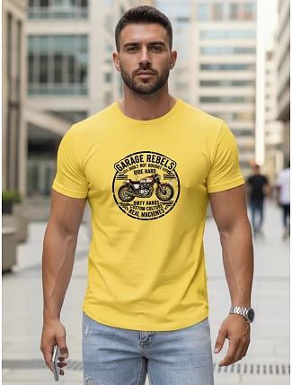 Pánske bavlnené tričko s motorkárskou potlačou žlté FashionStreet NX5007R
