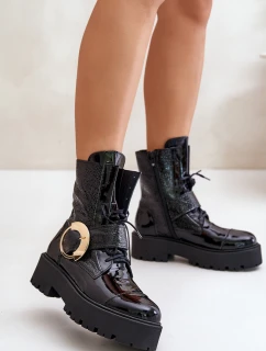 Zazoo 2942 Skórzane Botki Workery Ze Złotą Klamrą Czarne