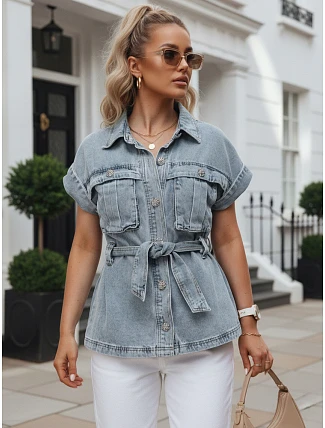 Dámska džínsová košeľa s opaskom a krátkymi rukávmi FashionStreet EY2691 Dámska džínsová košeľa s opaskom a krátkymi rukávmi FashionStreet EY2691