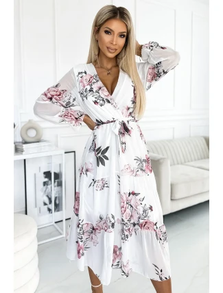 436-2 VALENTINA Midi šaty s výstrihom a opaskom - BIELE S RUŽOVOU 436-2 VALENTINA Midi šaty s výstrihom a opaskom - BIELE S RUŽOVOU