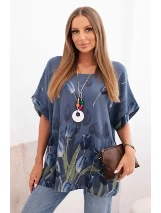 Dámske bavlnené tričko s kvetinovým vzorom denim blue