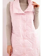 Dámska prešívaná dlhá vesta s vreckami a stojacím golierom candy pink