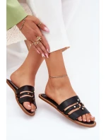 Płaskie Klapki Damskie Ze Złotym Detalem Czarne Noroti