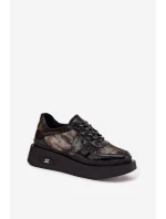 Skórzane Sznurowane Półbuty Damskie Na Platformie Artiker 57C2042 Czarno-Złote