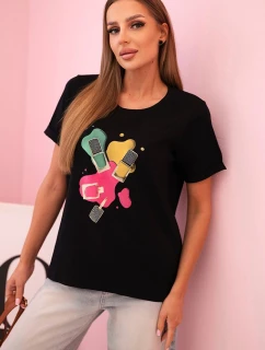 Dámska bavlnená blúzka s krátkymi rukávmi a farebnou potlačou čierna
