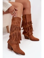 Ocieplane Kozaki Kowbojki Damskie Z Frędzlami Camel Brivina