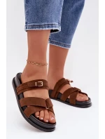 Dámské pantofle s pásky a zlatým sponou Hnědé Selorina