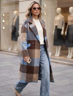 Płaszcz damski dwurzędowy z wełną w kratę niebieski FashionStreet NY0831