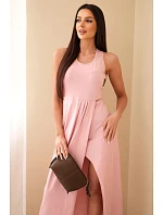 Dámske bavlnené midi šaty bez rukávov s riasením svetlo púdrovo ružové