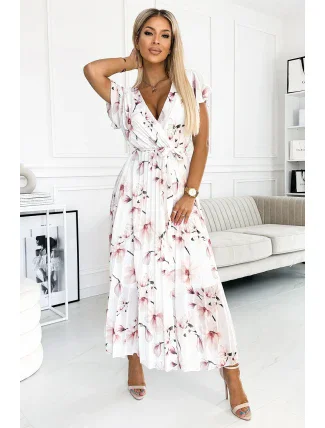 434-4 LISA Plisované midi šaty s výstrihom a volánmi - broskyňový kvet na bielom pozadí 434-4 LISA Plisované midi šaty s výstrihom a volánmi - broskyňový kvet na bielom pozadí
