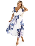 601-1 Vzdušné midi šaty s obálkovým výstrihom a veľkým kvetinovým vzorom - odtiene modrej
