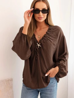 Dámska blúzka z viskózy s volánovým výstrihom a ozdobou hnedej farby
